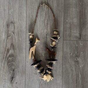 Wooden Bead Safari Necklace Carved Antelope Native Tribal Souvenir 30" Statement